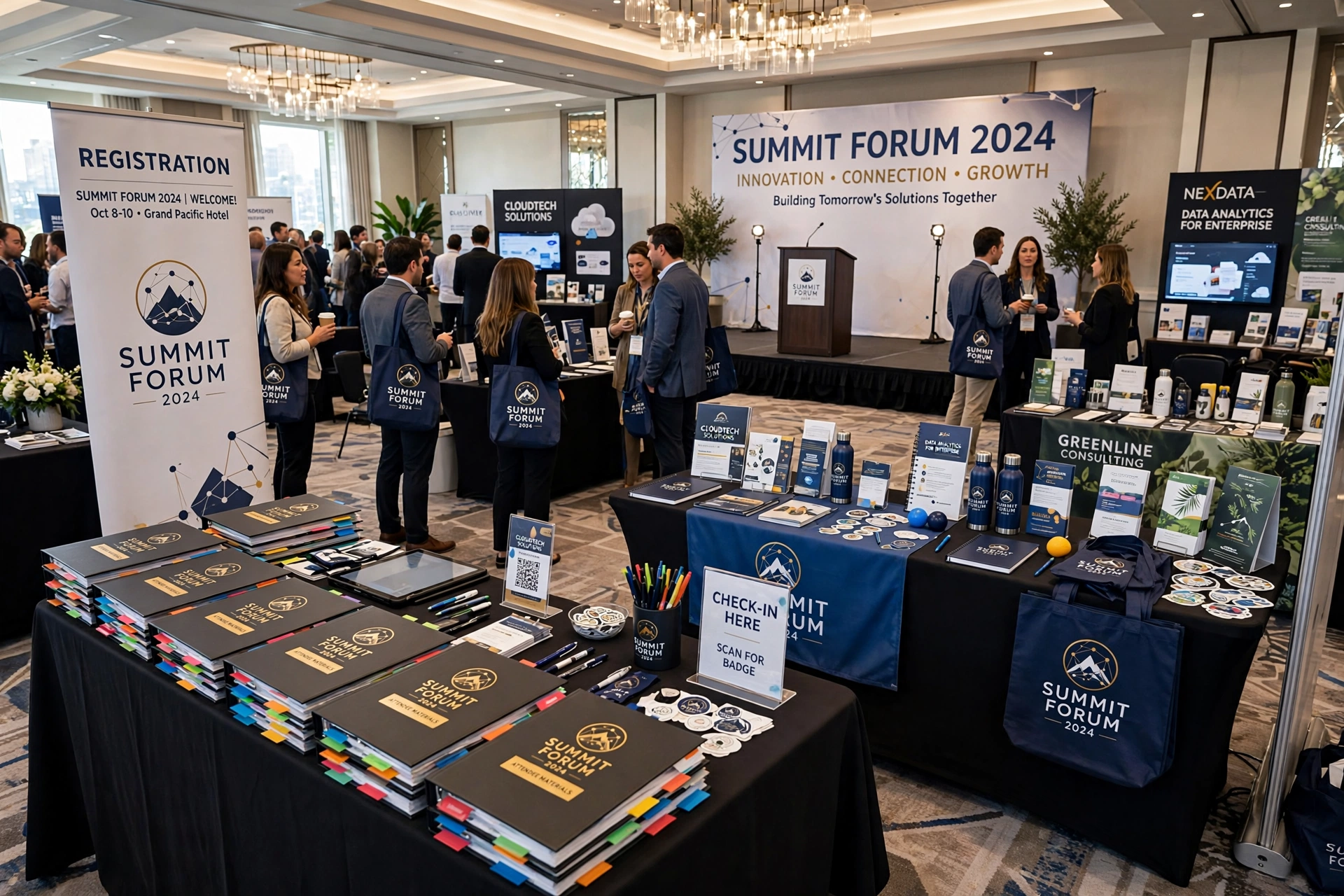 Hotel conference event with custom binders, banners, vendor booths and branded conference bags