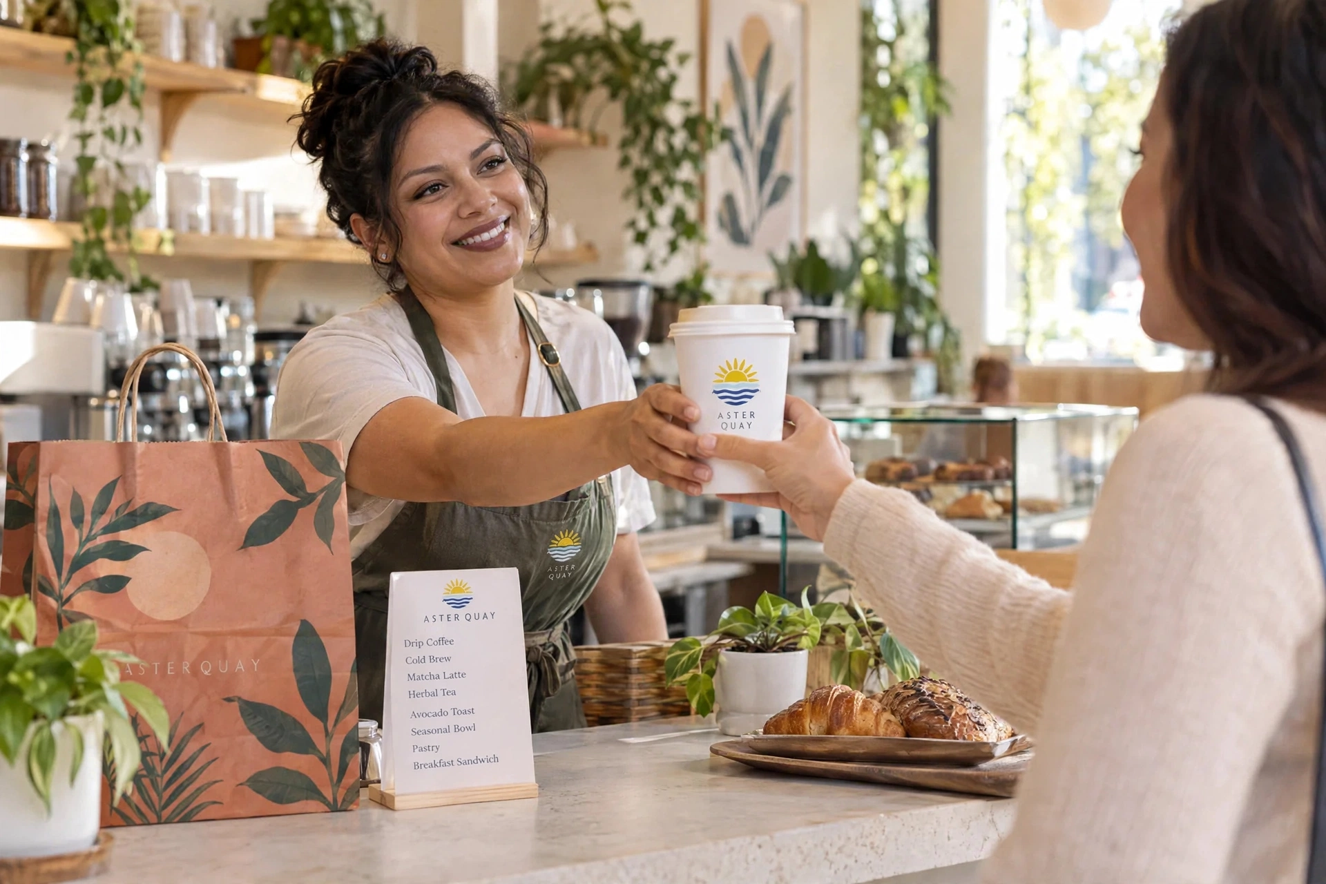 A cafe team member serving a guest a custom coffee cup
