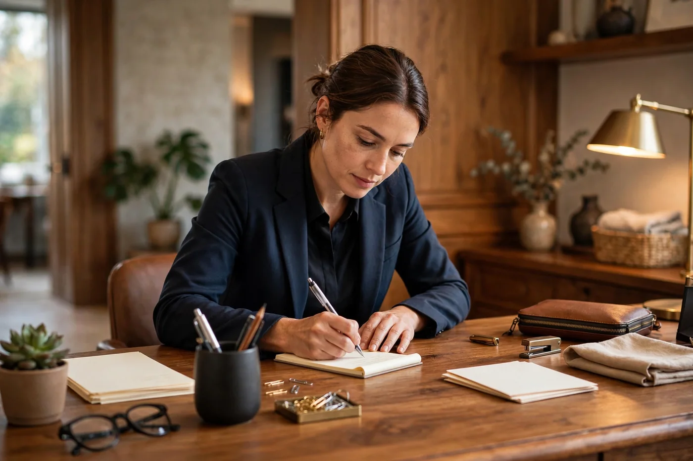 A staff member writing on a notepad at an elegant desk