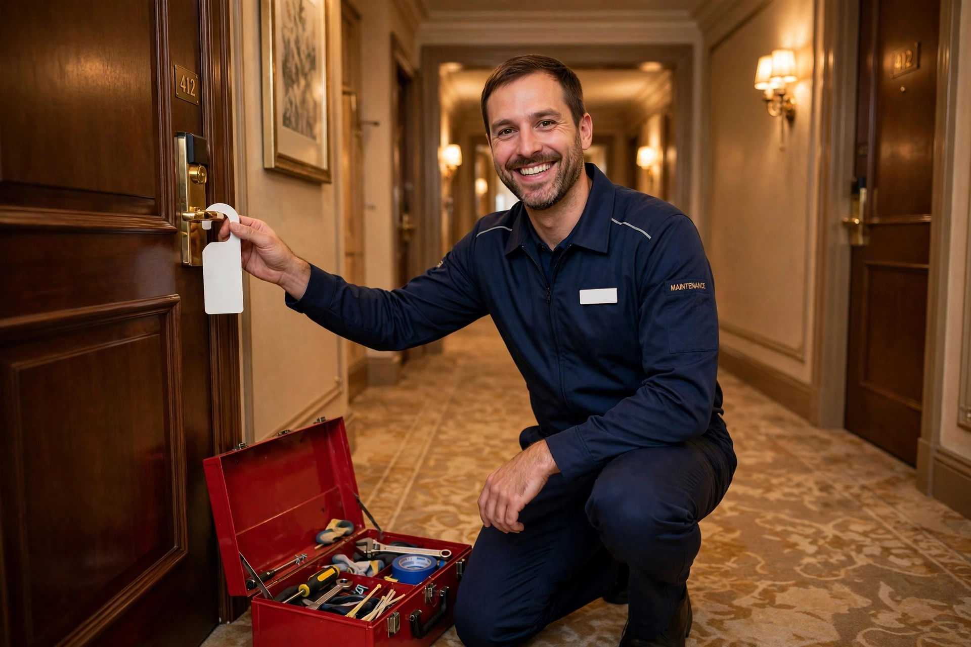 A smiling maintenance engineer hanging a door hanger on a guest-room door