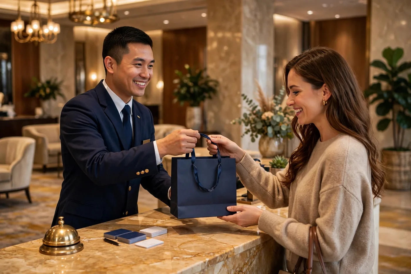 A front-desk agent handing a navy handled gift bag to a guest at the front desk