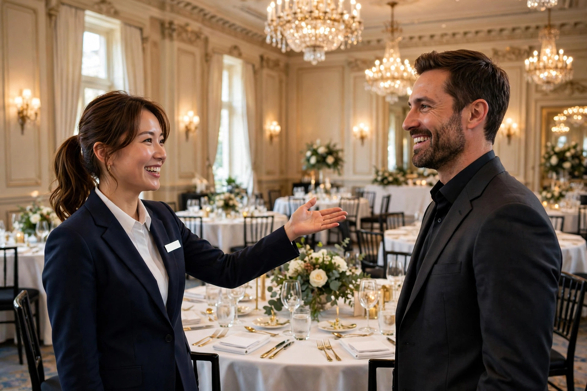 A hotel sales manager with a name tag talking with a suited client in a grand banquet room