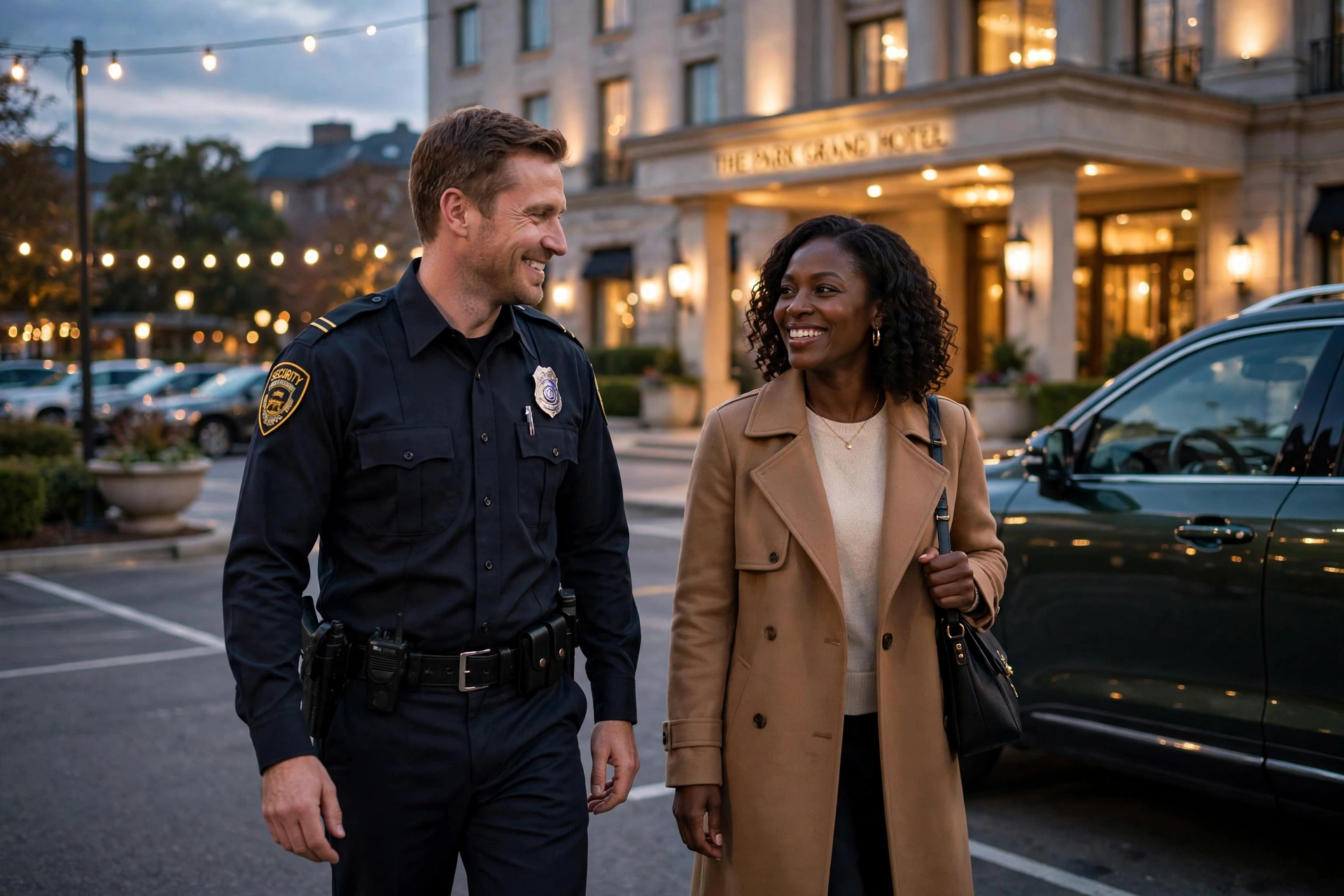 A hotel security officer walking a smiling guest to her car in the parking lot at dusk