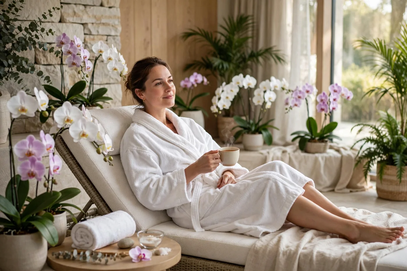 A guest in a white spa robe relaxing at the hotel spa