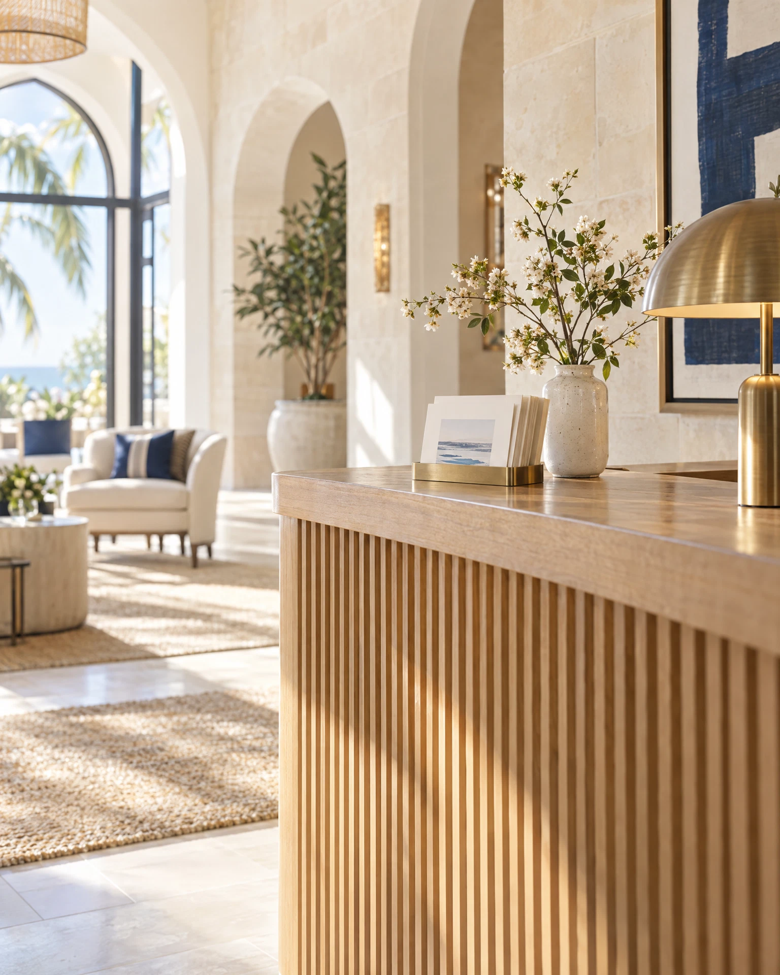 A bright, sunlit boutique hotel interior