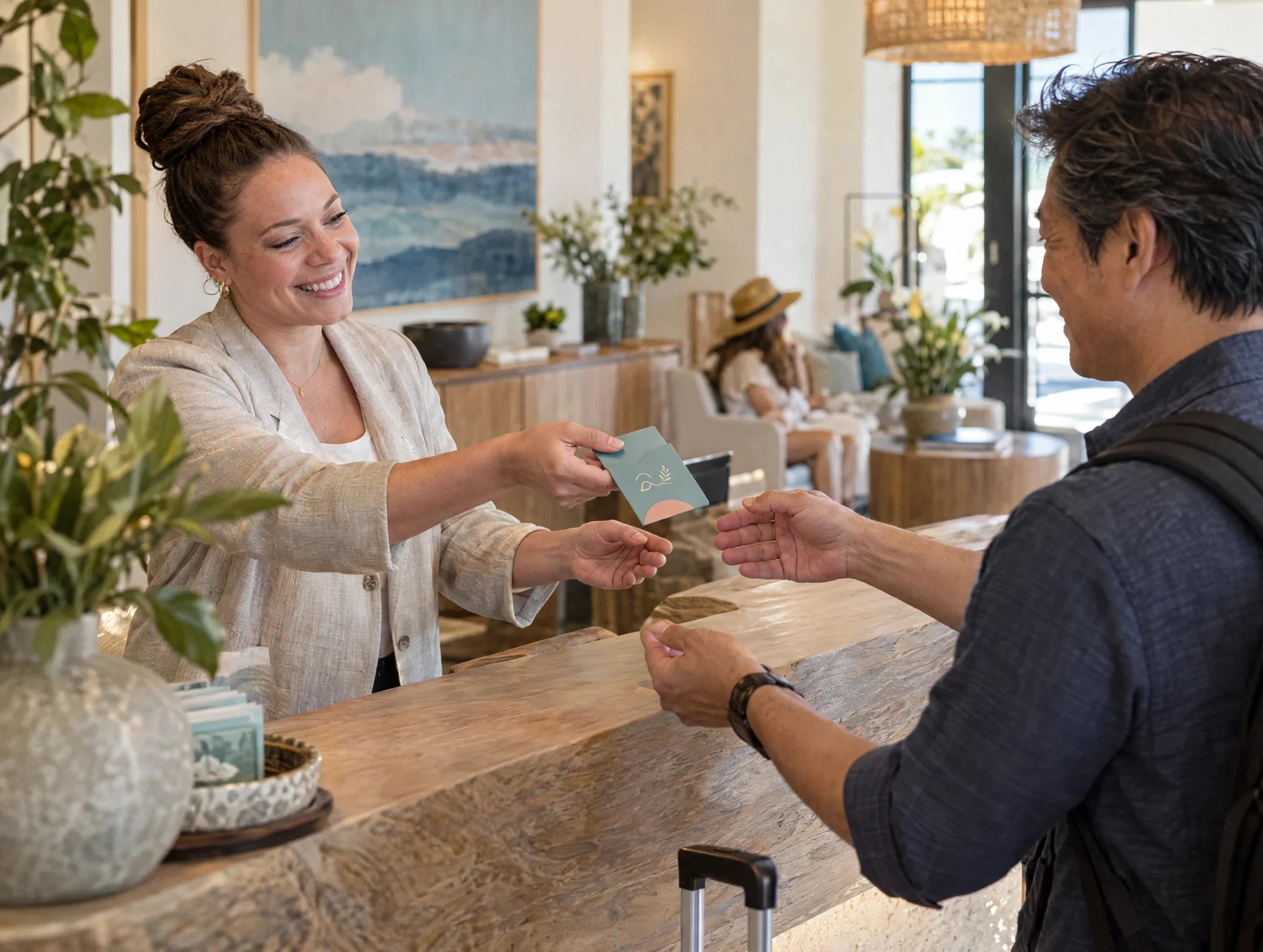 A hospitality team member welcoming a guest at a hotel front desk