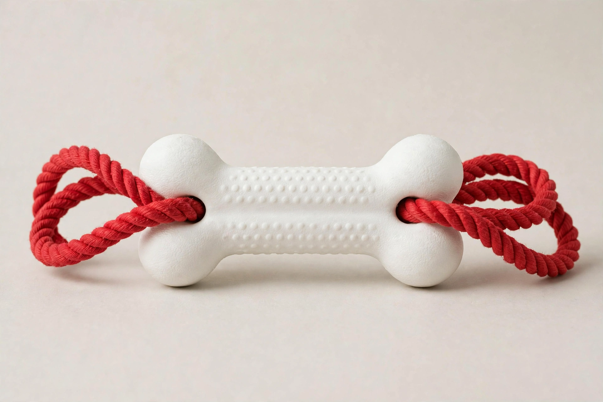 Illustrative sample: white bone-shaped dog pull toy with red rope loops.