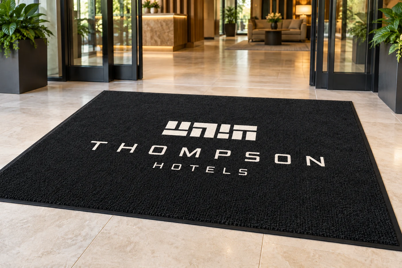 Custom logo entrance carpet with hotel branding in a lobby