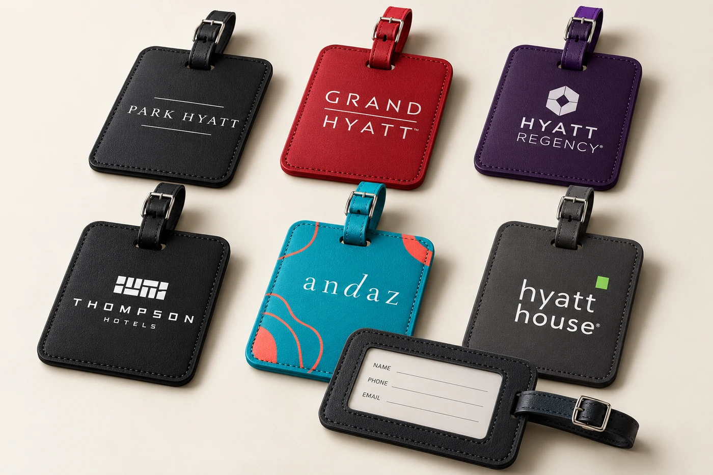 Luggage ID tags with Hyatt brand logos