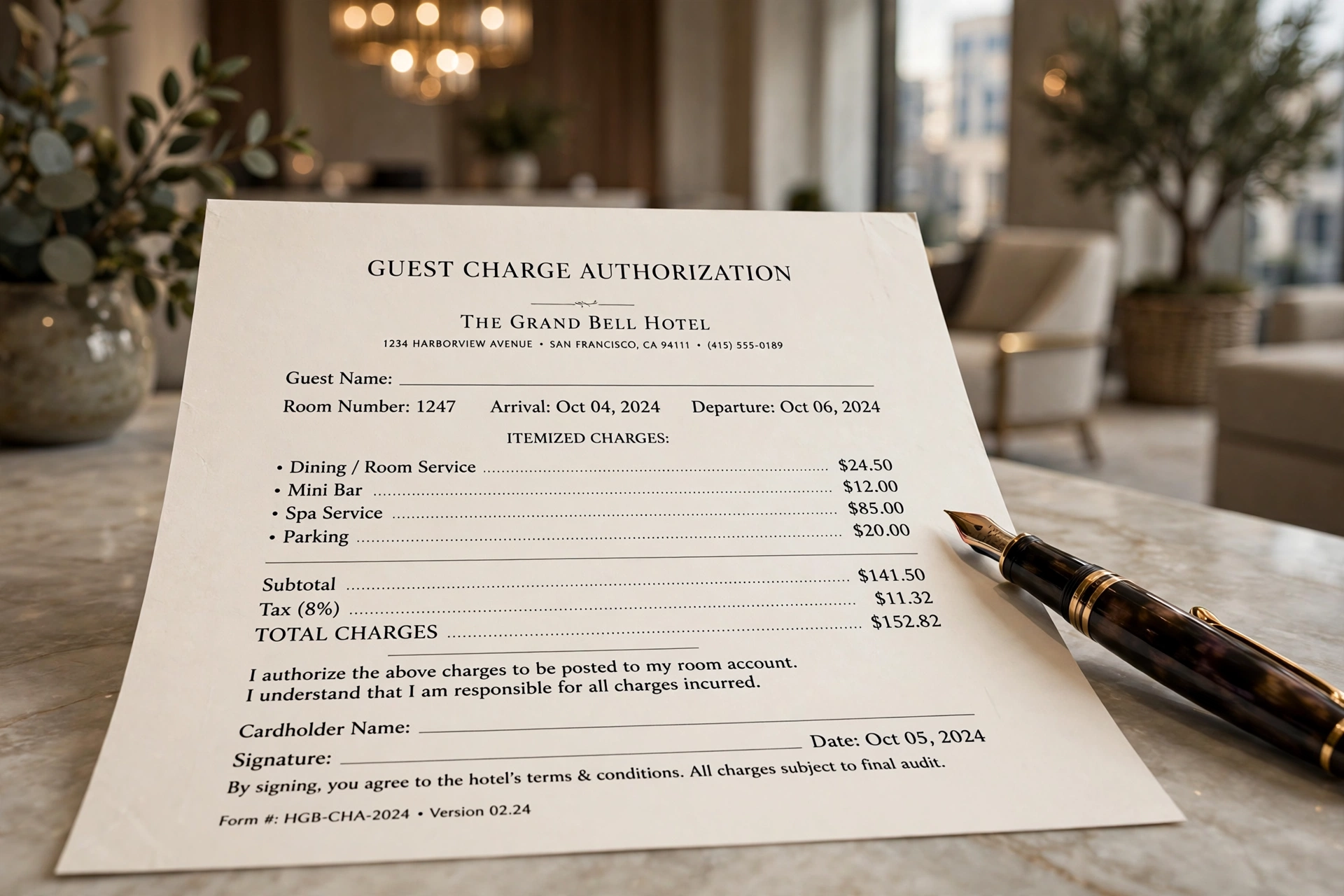 Hotel house-charge form custom-design studio example